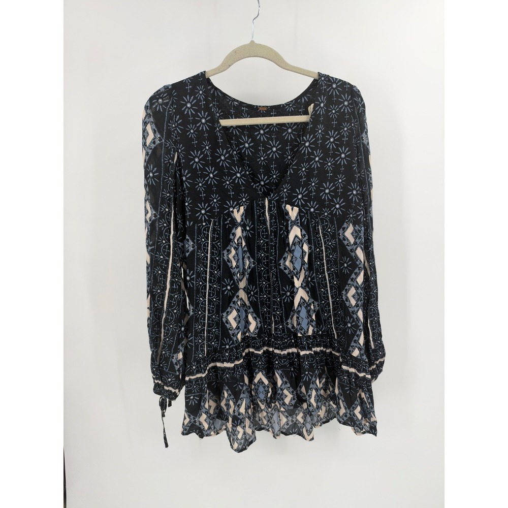 Free People Boho Print Babydoll Tunic Dress Geometric Floral Ruffle Hem